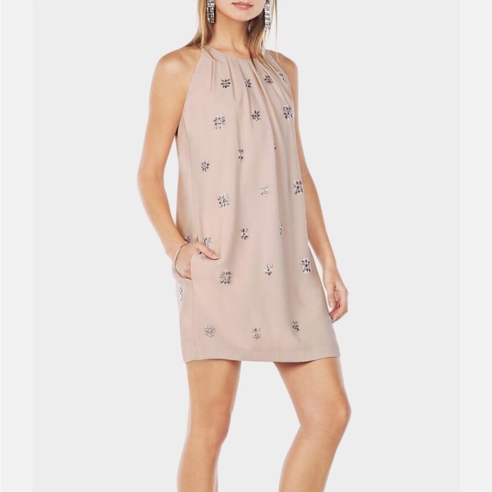 BCBG MAXAZRIA BARE PINK LYNZIE BEADED SHIFT DRESS